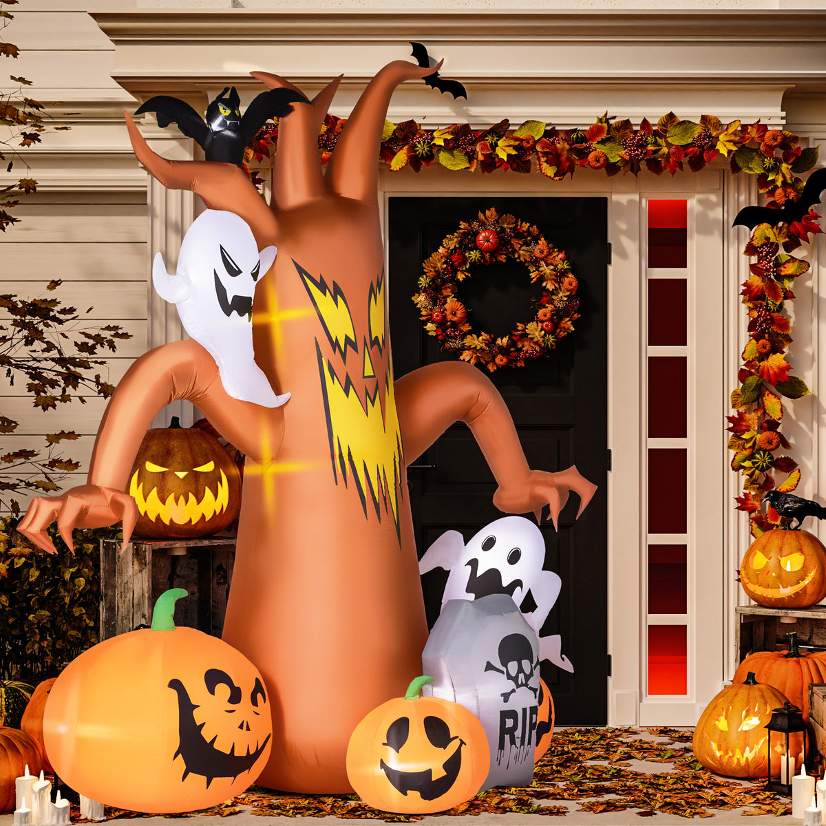 7.9FT Inflatable Halloween Ghost Tree w/Pumpkins, Ghosts, Tombstone