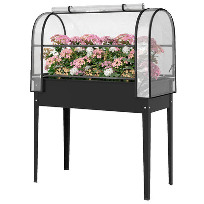 Raised Planter with Flip-Up Greenhouse Cover, Metal Raised Garden Bed on Legs with Drainage Hole and Gloves, Outdoor Elevated Garden Planter for Vegetables, Herbs, Flowers, Black