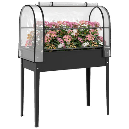 Raised Planter with Flip-Up Greenhouse Cover, Metal Raised Garden Bed on Legs with Drainage Hole and Gloves, Outdoor Elevated Garden Planter for Vegetables, Herbs, Flowers, Black