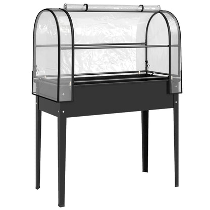 Raised Planter with Flip-Up Greenhouse Cover, Metal Raised Garden Bed on Legs with Drainage Hole and Gloves, Outdoor Elevated Garden Planter for Vegetables, Herbs, Flowers, Black