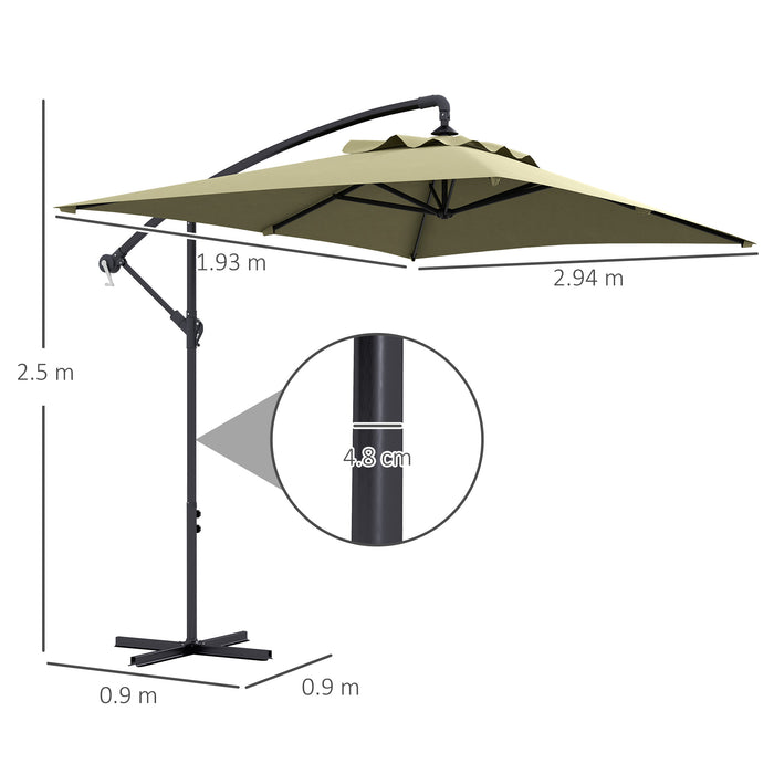 3x2m Cantilever Parasol with Cross Base, Banana Parasol with Crank Handle and 6 Ribs, Rectangular Hanging Patio Umbrella