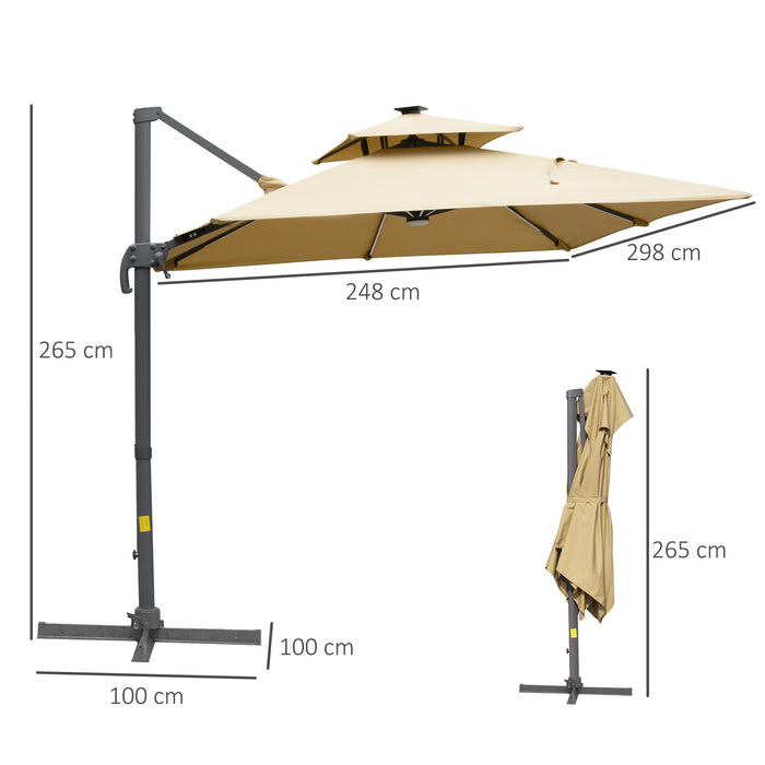 3m Cantilever Roma Parasol Adjustable Garden Sun Umbrella with Solar LED, Tilt and Crank Handle, Cross Base for Lawn, Khaki