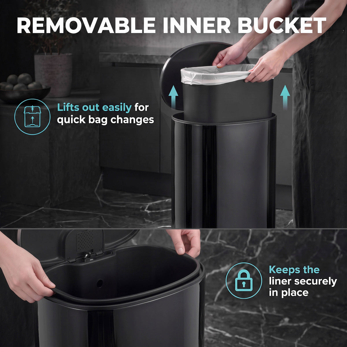 50L Stainless Steel Kitchen Pedal Bin with Soft-Close Lid - Black