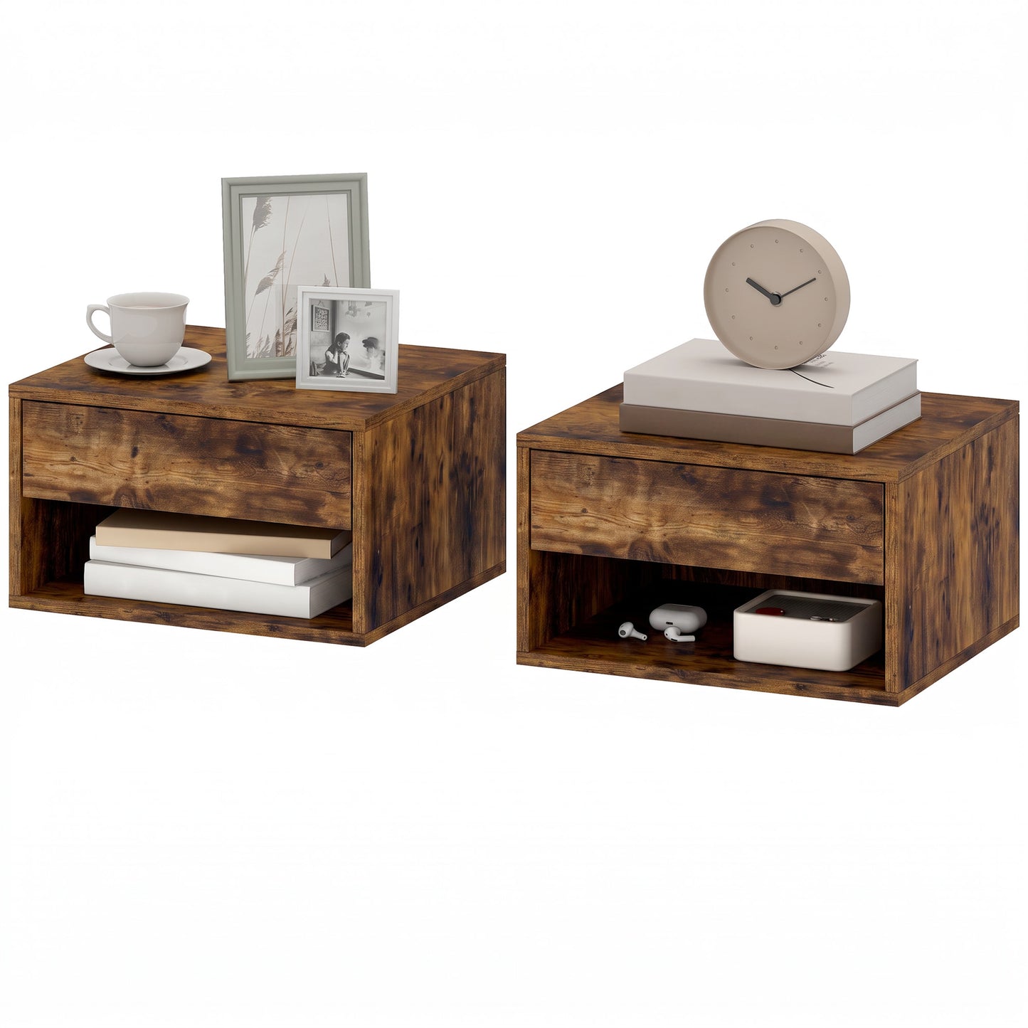 Floating Nightstands Set of 2, Bedside Table w/ Drawer and Open Shelf