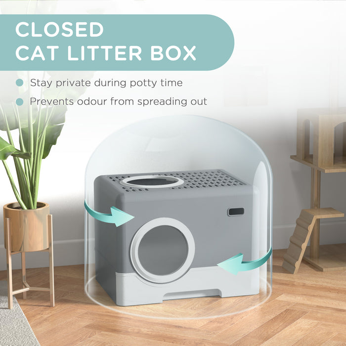 Cat Litter Box Enclosed with Lid Front Entry Top Exit, Drawer Tray, Scoop, 52L x 41W x 38.5Hcm - Grey