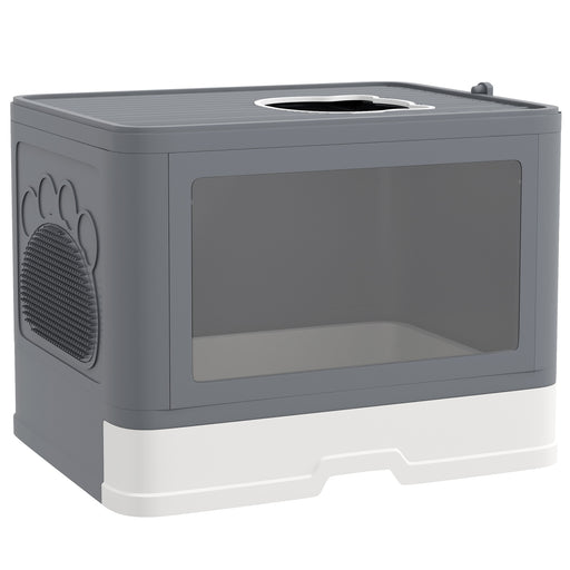 Cat Litter Box Enclosed with Lid Front Entry Top Exit, Drawer Tray, Scoop, Brush, 48.5 x 38 x 36.5cm - Grey