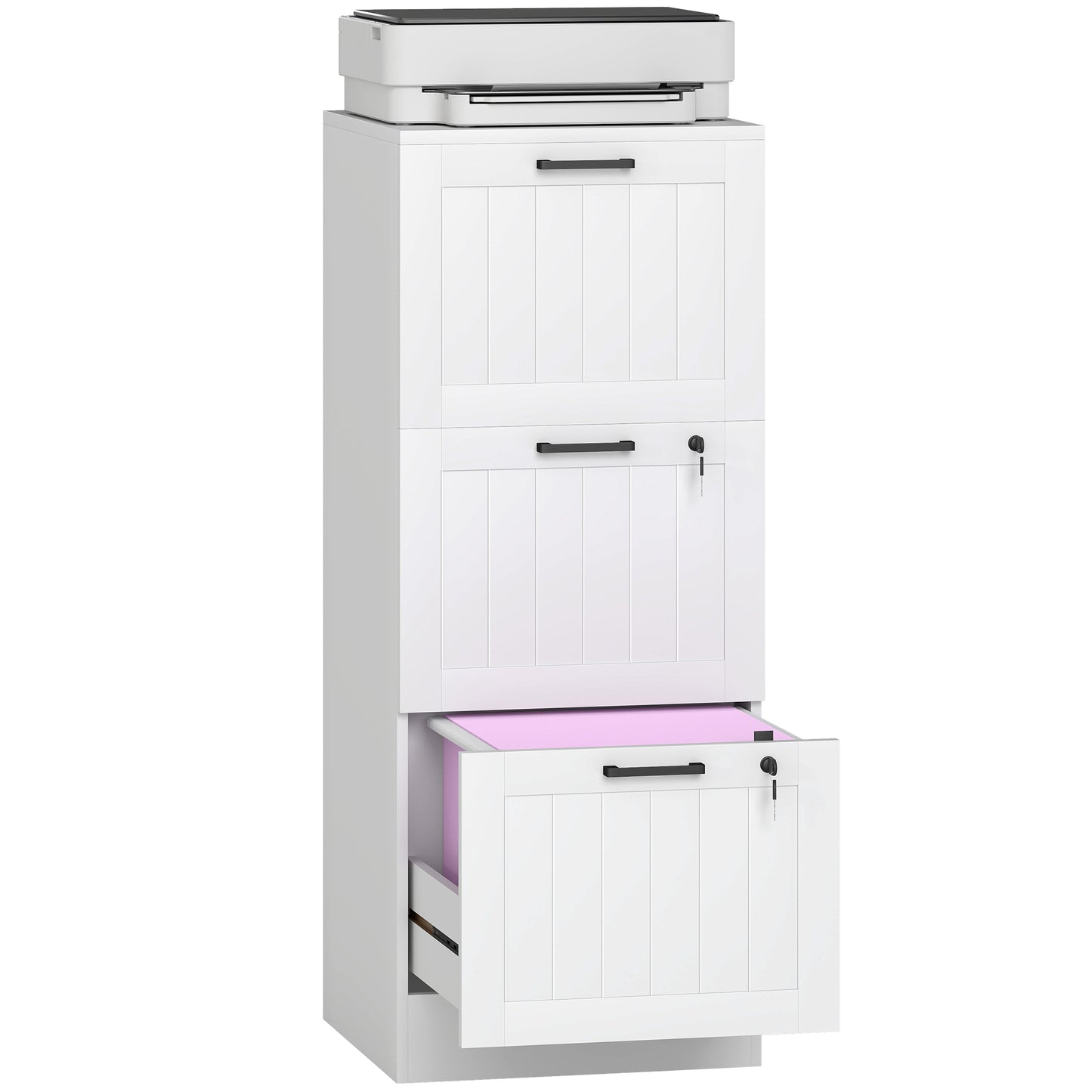 3 Drawer File Cabinet with Lock and Adjustable Hanging Bars, White