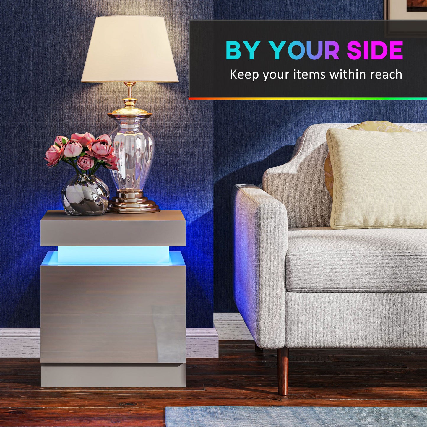 High Gloss Front Bedside Table, APP Control Nightstand with RGB LED Light and 2 Drawers, Chest of Drawers for Bedroom, Living Room, Grey