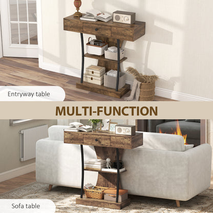 Console Table Hallway Table with Storage Shelves, Rustic Brown