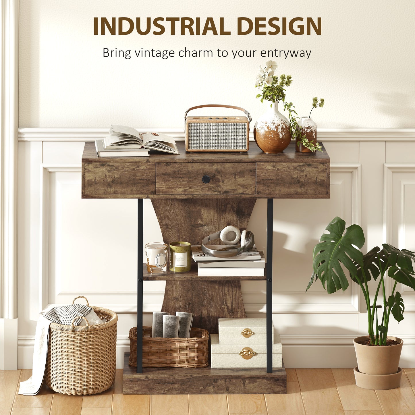 Console Table Hallway Table with Storage Shelves, Rustic Brown