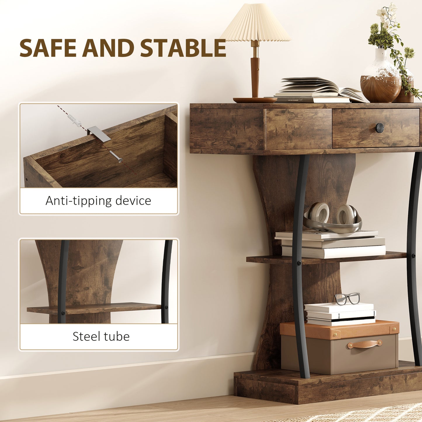 Console Table Hallway Table with Storage Shelves, Rustic Brown