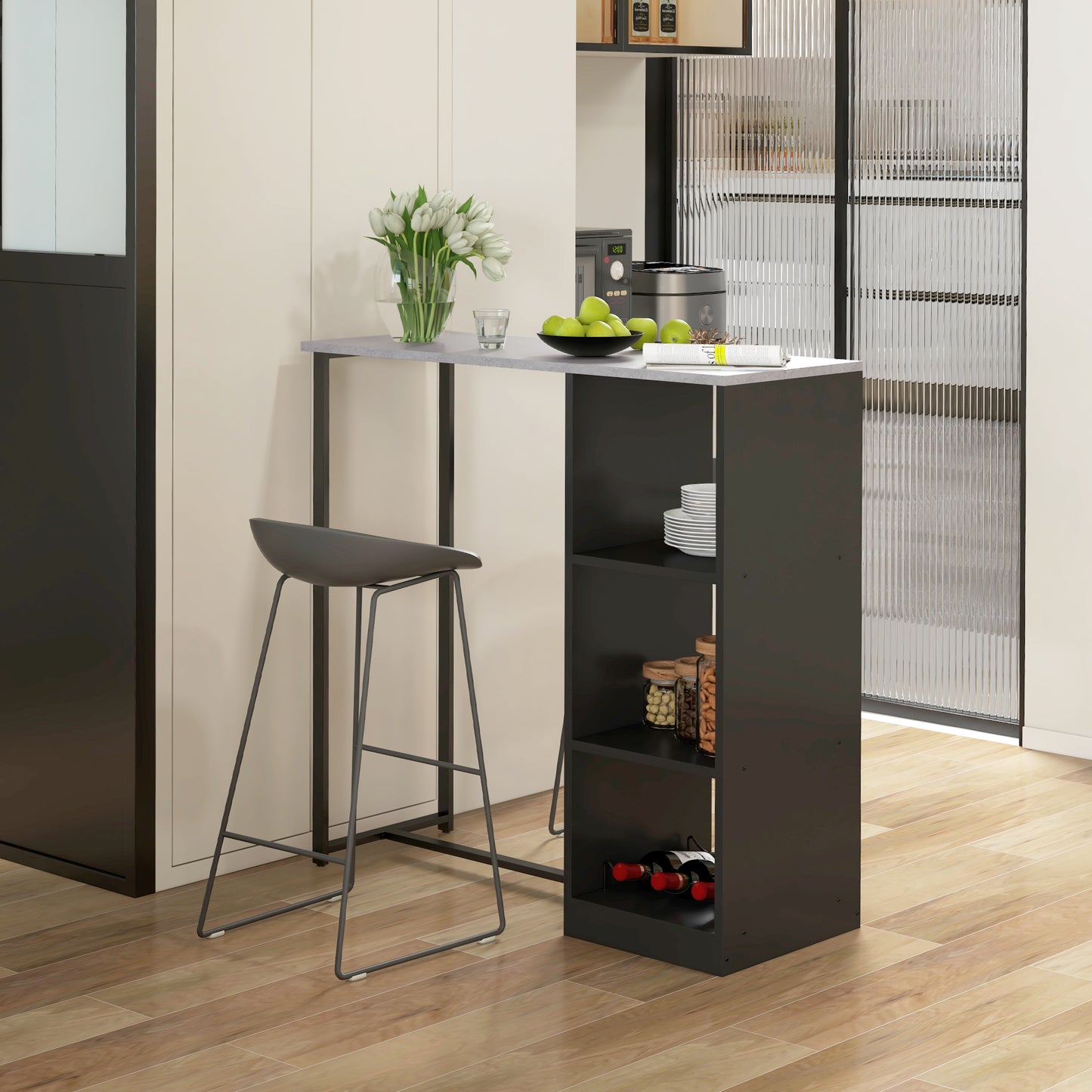 105 cm Rectangular Bar Table for 2 People with Wine Rack, Modern Breakfast Bar Table with 3 Storage Shelves and Faux Marble Top for Kitchen, Black