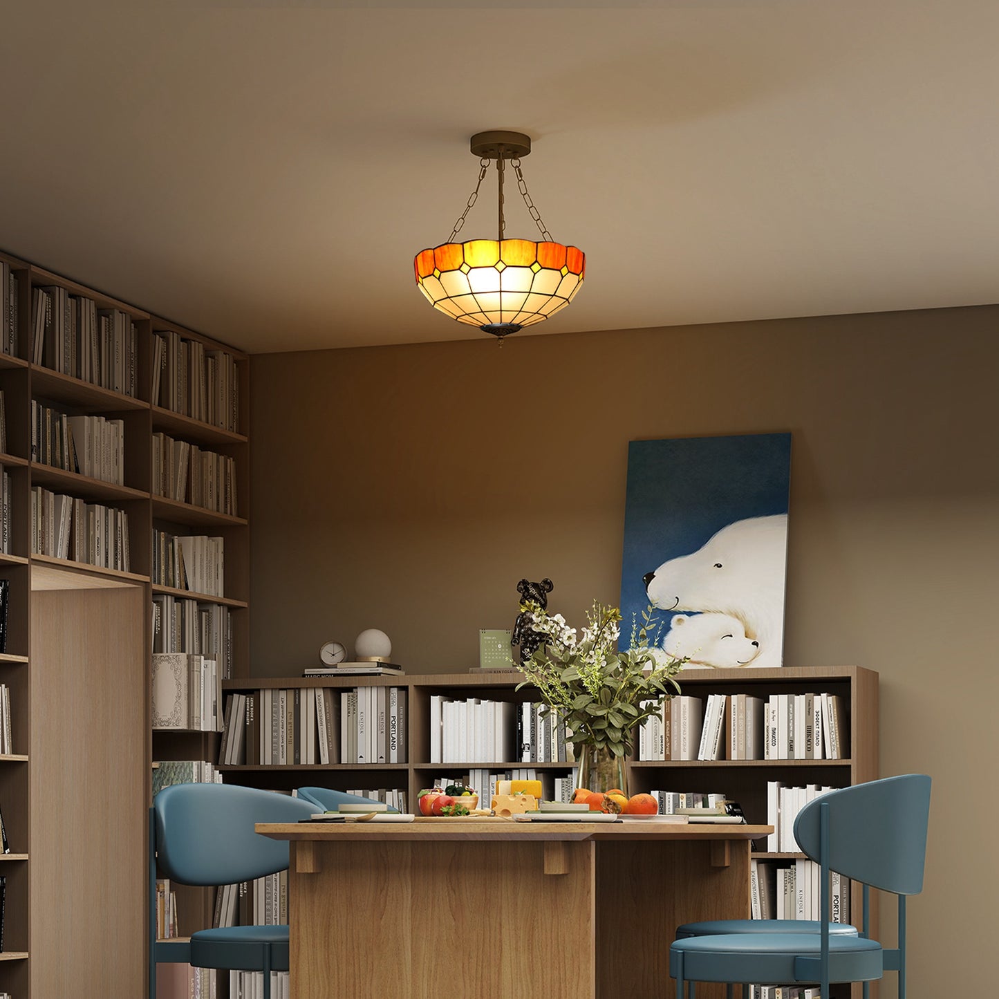 Tiffany Style Ceiling Light, Vintage Chandelier with 3 E27 Sockets