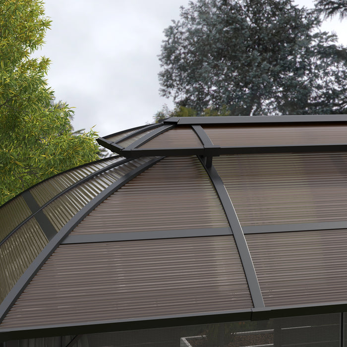 Aluminium Frame 4 x 3(m) Polycarbonate Gazebo with Curtains, Nettings, Double Roof for Lawn, Yard, Patio, Deck, Brown