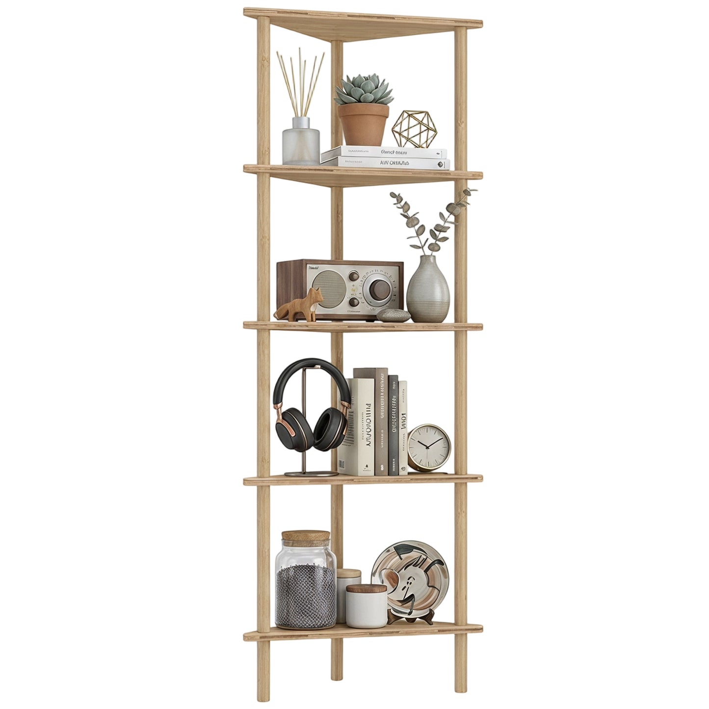 5-Tier Corner Storage Shelf for Living Room, Natural Wood Finish