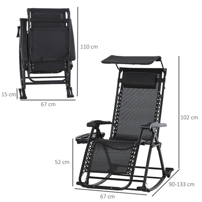 Garden Rocking Chair Folding Recliner Outdoor Adjustable Sun Lounger Rocker Zero-Gravity Seat with Headrest Side Holder Patio Deck - Black
