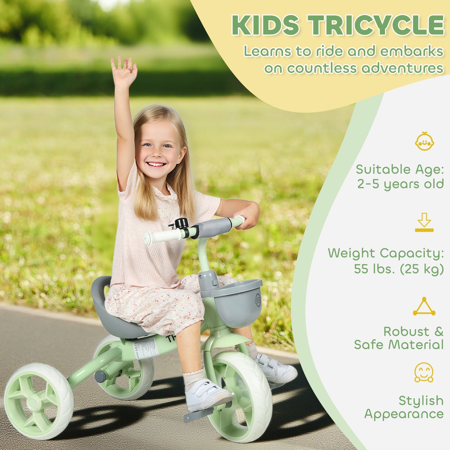 Kids Trike for Ages 2-5 Years, Toddler Tricycle with Front Basket and EVA Wheels, Indoor & Outdoor Use, for Boys and Girls, Green