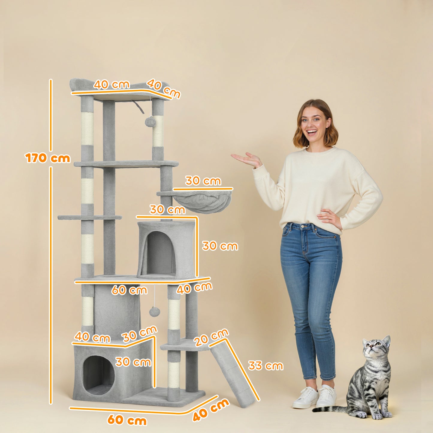 170 cm Cat Tree, Large Cat Tower with 7 Scratching Posts, Light Grey