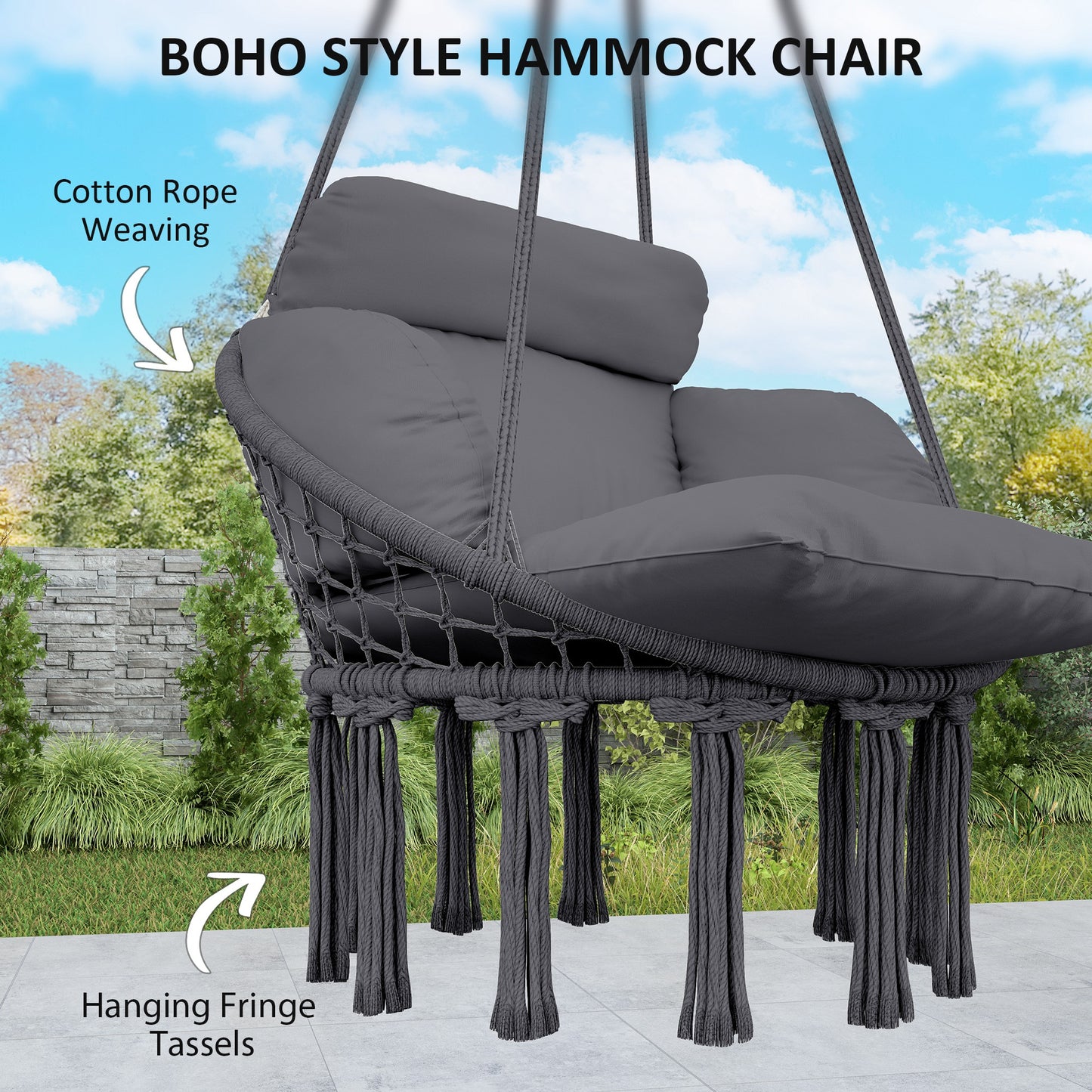 Hammock Chair, Boho Hanging Swing Chair with Cushion, Dark Grey