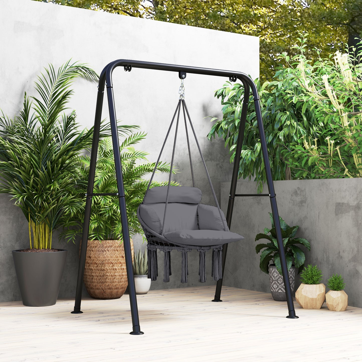 Hammock Chair, Boho Hanging Swing Chair with Cushion, Dark Grey