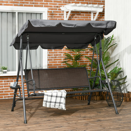 3 Seater Swing Chair, Garden Swing Seat Bench with Adjustable Canopy, Rattan Seat, and Steel Frame for Patio, Yard