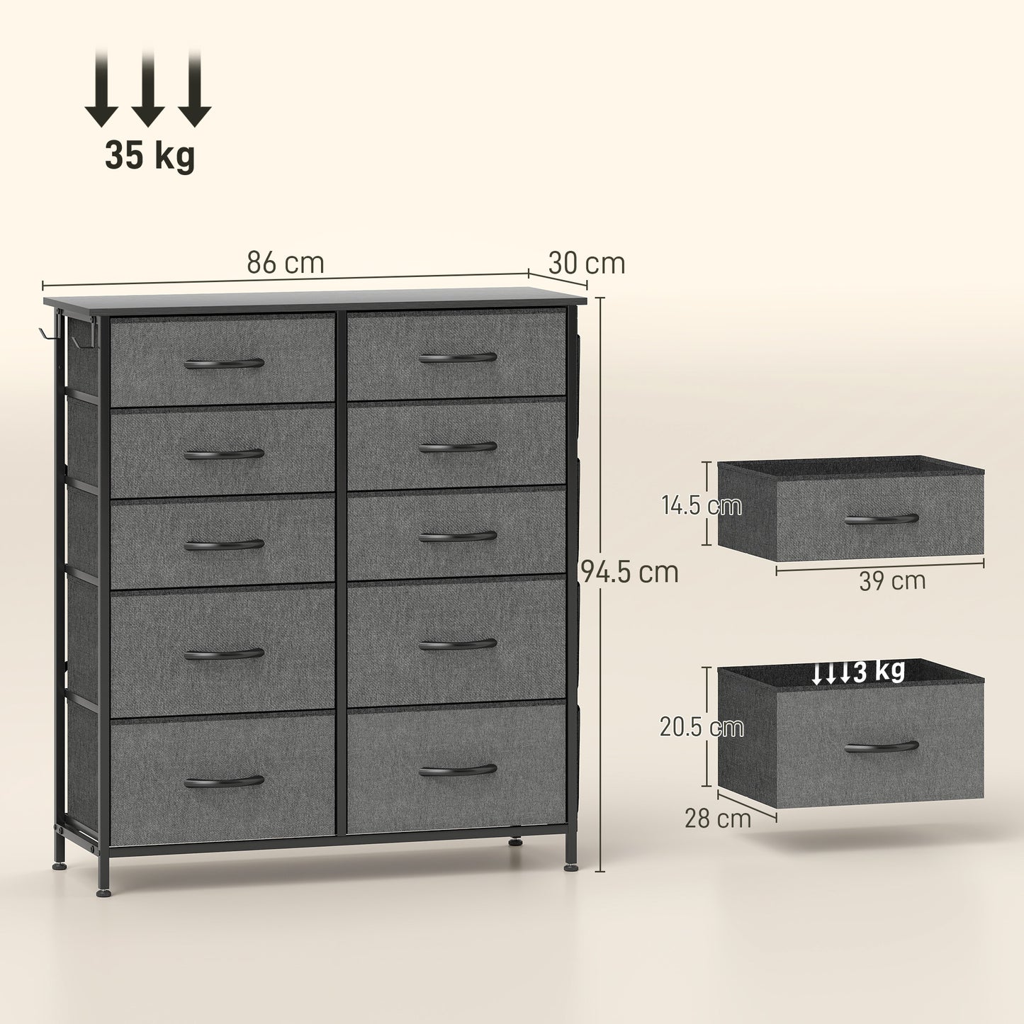 Fabric Chest of Drawers, 10 Drawer Dresser for Bedroom, Charcoal Grey