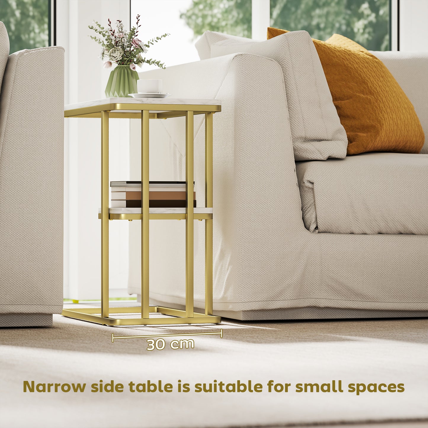 C-Shaped Narrow Side Table, End Table with Shelf, White Marble Grain