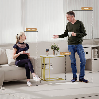 C-Shaped Narrow Side Table, End Table with Shelf, White Marble Grain