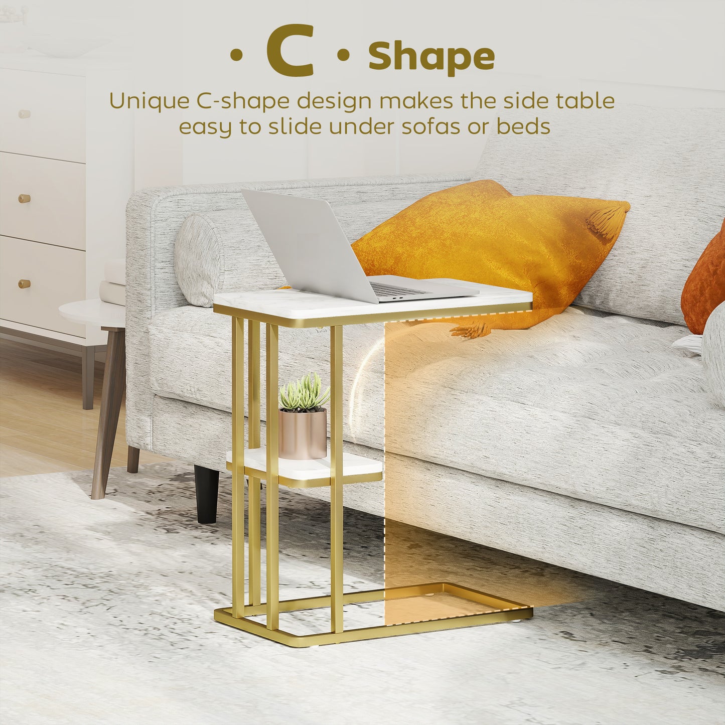 C-Shaped Narrow Side Table, End Table with Shelf, White Marble Grain