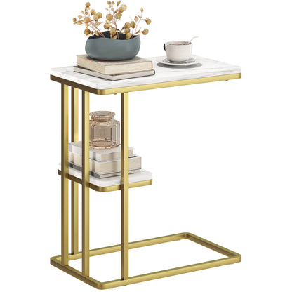 C-Shaped Narrow Side Table, End Table with Shelf, White Marble Grain