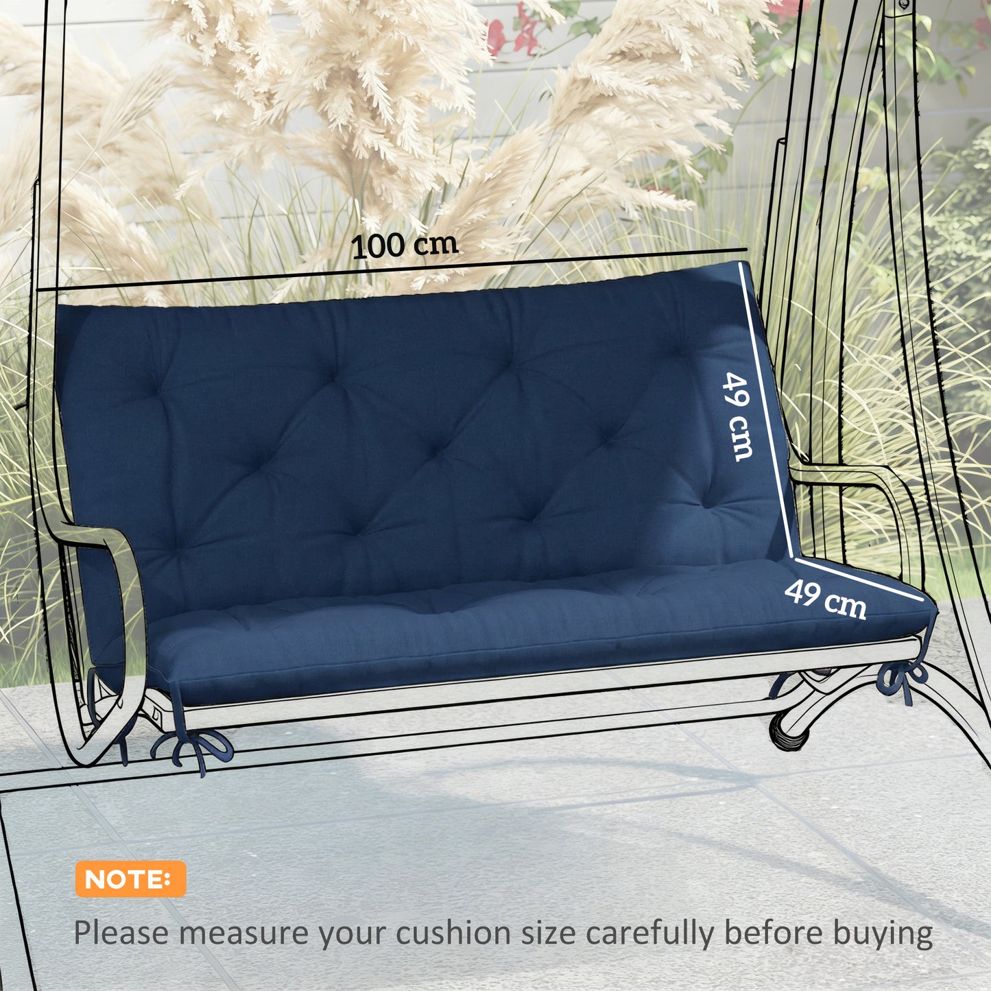 2 Seater Bench Pad, Chair Cushion with Back and Ties, Dark Blue