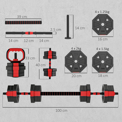 4-in-1 Adjustable Weight Dumbbells Set, 20kg Free Weights Set, Red