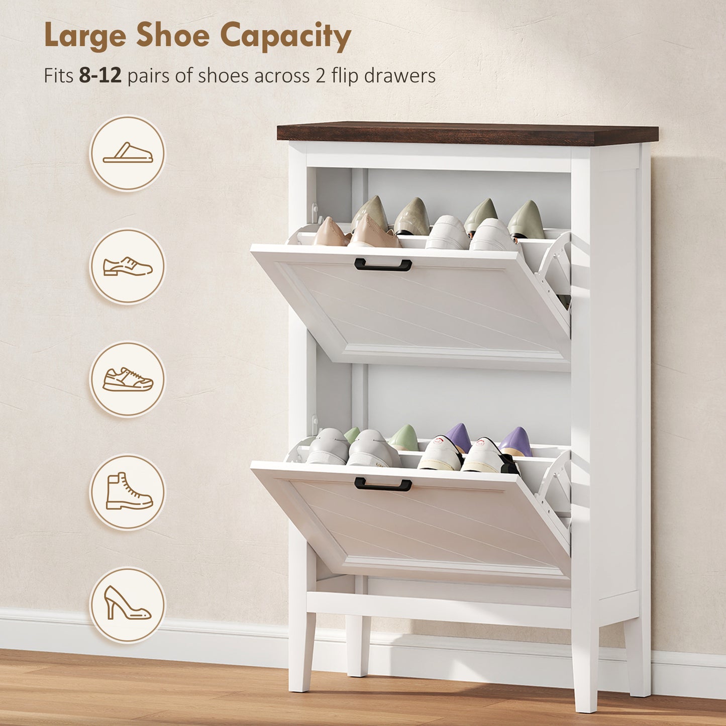 Shoe Cabinet with 2 Flip Drawers, Narrow Shoe Storage Cabinet, White