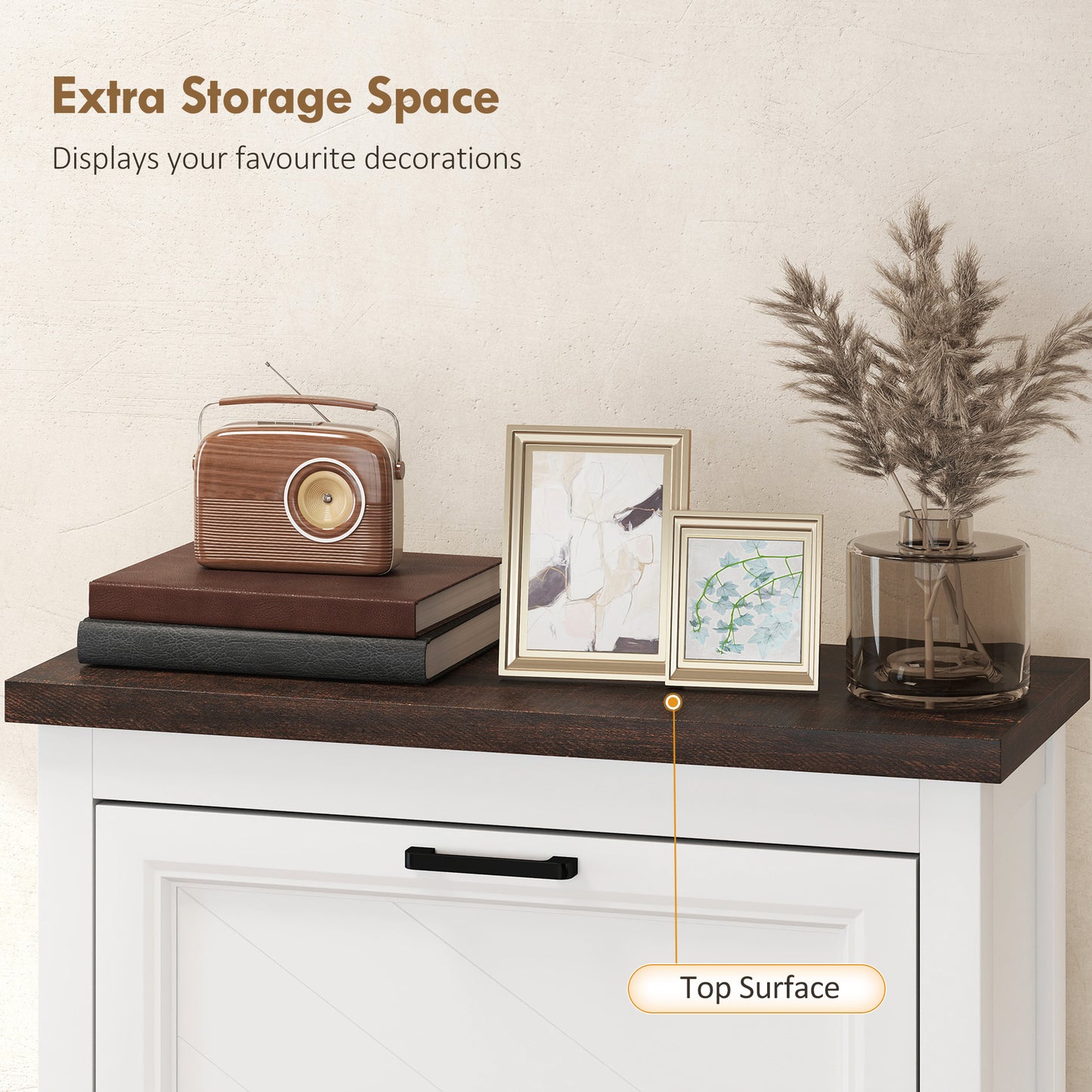Shoe Cabinet with 2 Flip Drawers, Narrow Shoe Storage Cabinet, White