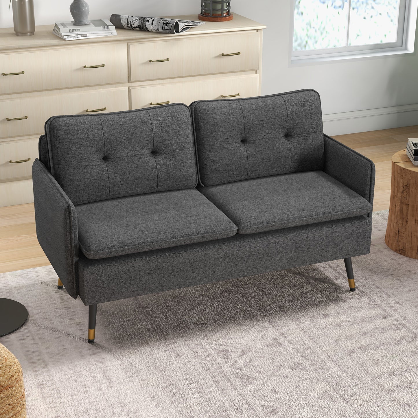 Modern Upholstered Two Seater Sofa for Bedroom Living Room Dark Grey