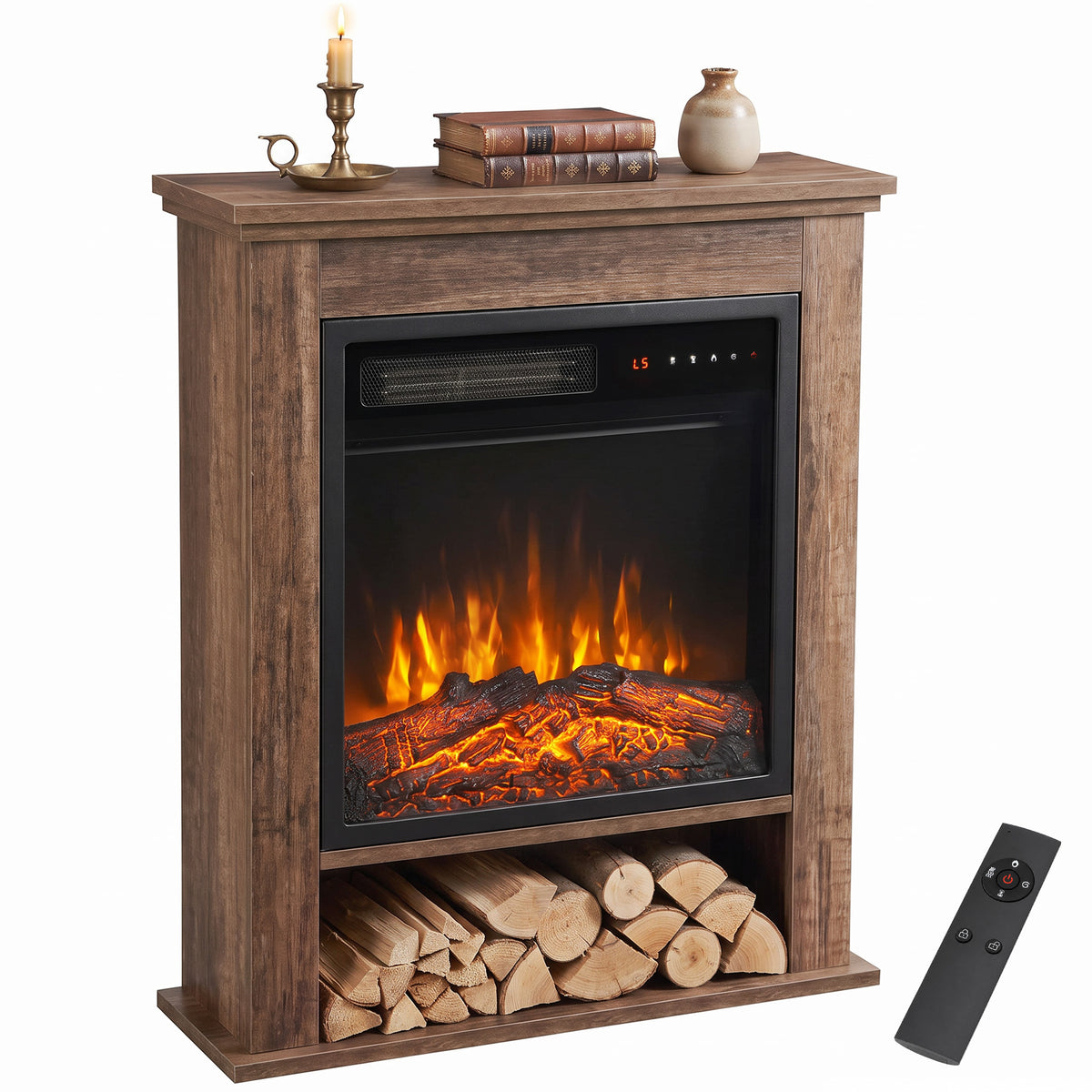 1800W Freestanding Electric Fireplace Suite with Log Shelf and Remote - Oak Effect