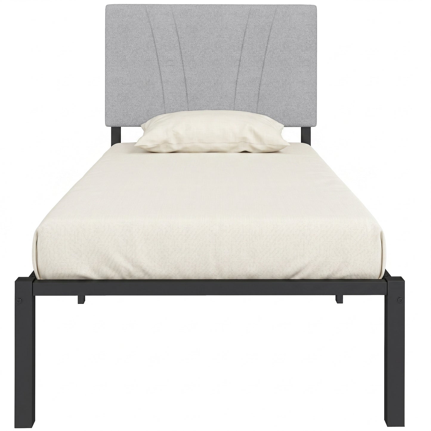 3FT Single Bed Frame with Upholstered and Padded Headboard, Metal Bed Frame with Underbed Storage and Steel Slat Support, No Box Spring Needed, Easy Assembly, Black and Light Grey