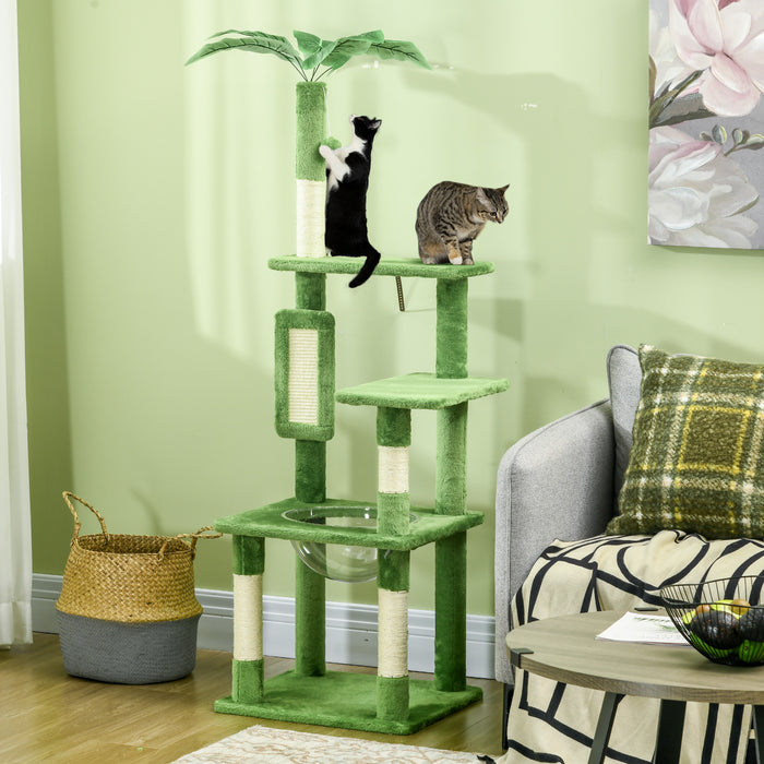 142cm Cat Tree Tower, with Scratching Post, Hammock, Toy Ball, Platforms - Green