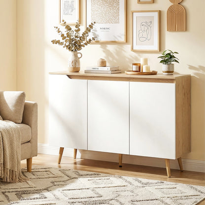 Sideboard Storage Cabinet with 5 Rubberwood Legs, White and Oak