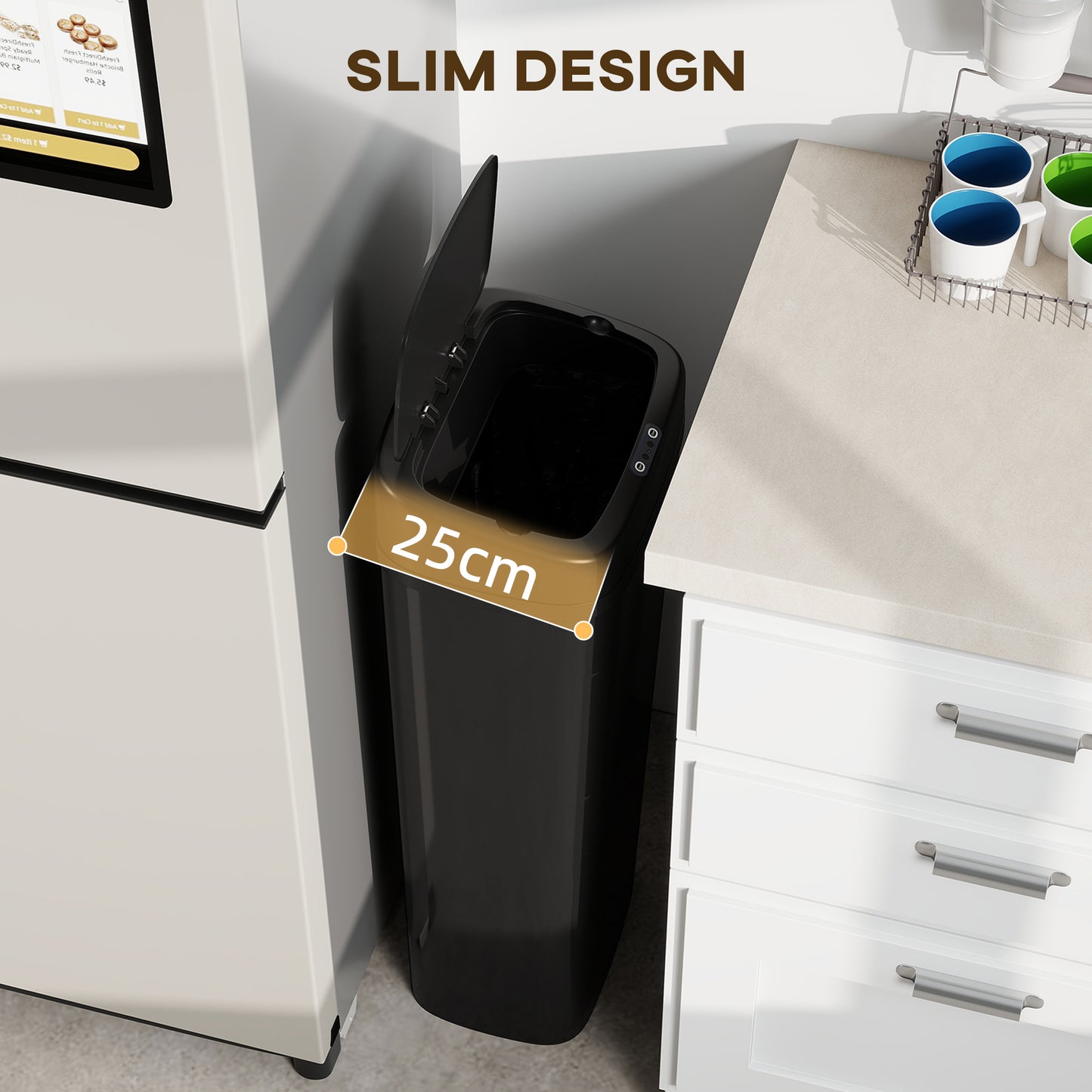 50L Sensor Bin, Stainless Steel Slim Kitchen Bin, Fingerprint-Proof