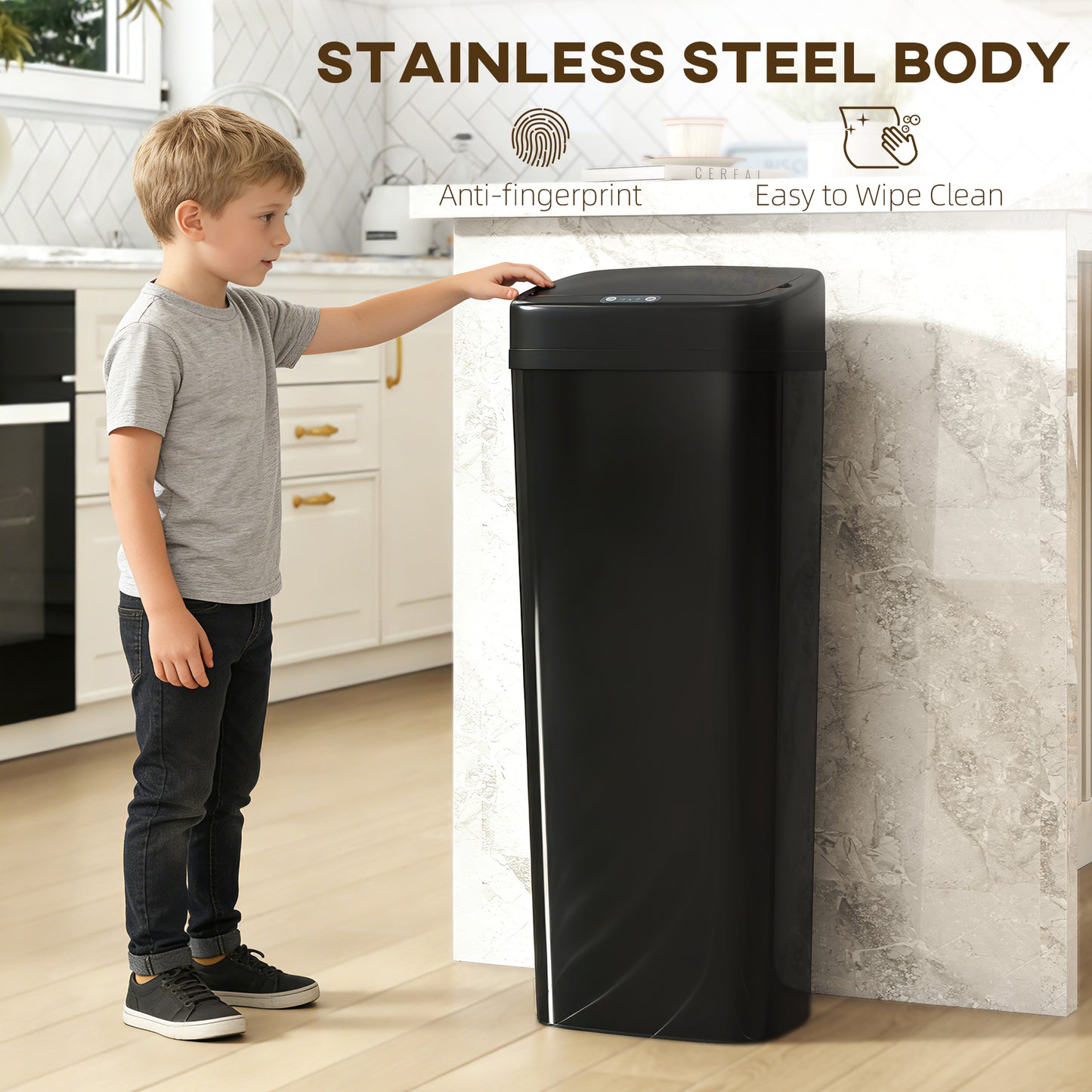 50L Sensor Bin, Stainless Steel Slim Kitchen Bin, Fingerprint-Proof