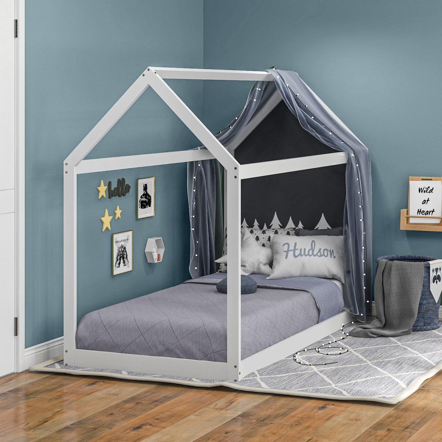 Single Bed Frame, House Scandinavian Style Wooden Bed Frame - Pine Wood Bed Base, White