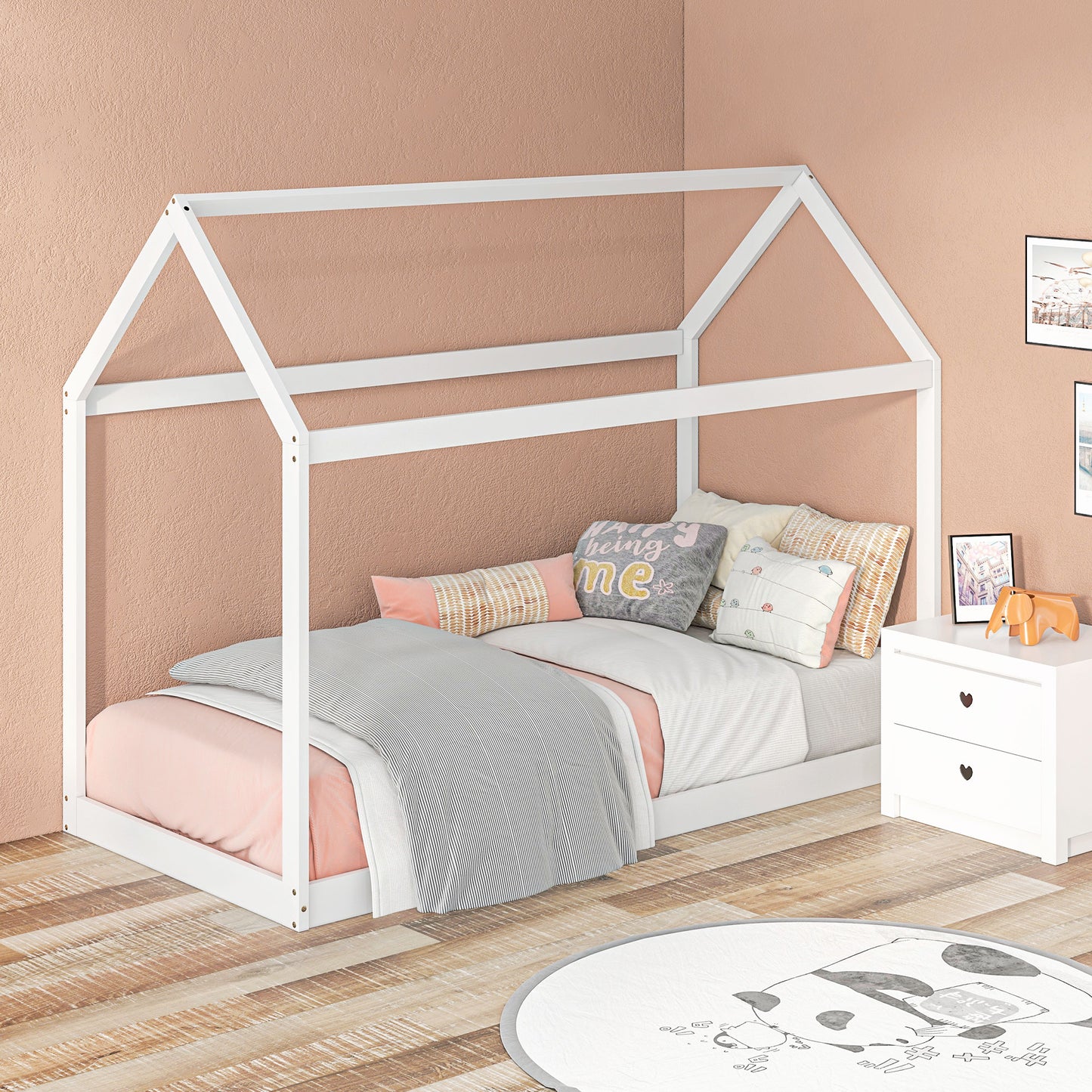 Single Bed Frame, House Scandinavian Style Wooden Bed Frame - Pine Wood Bed Base, White