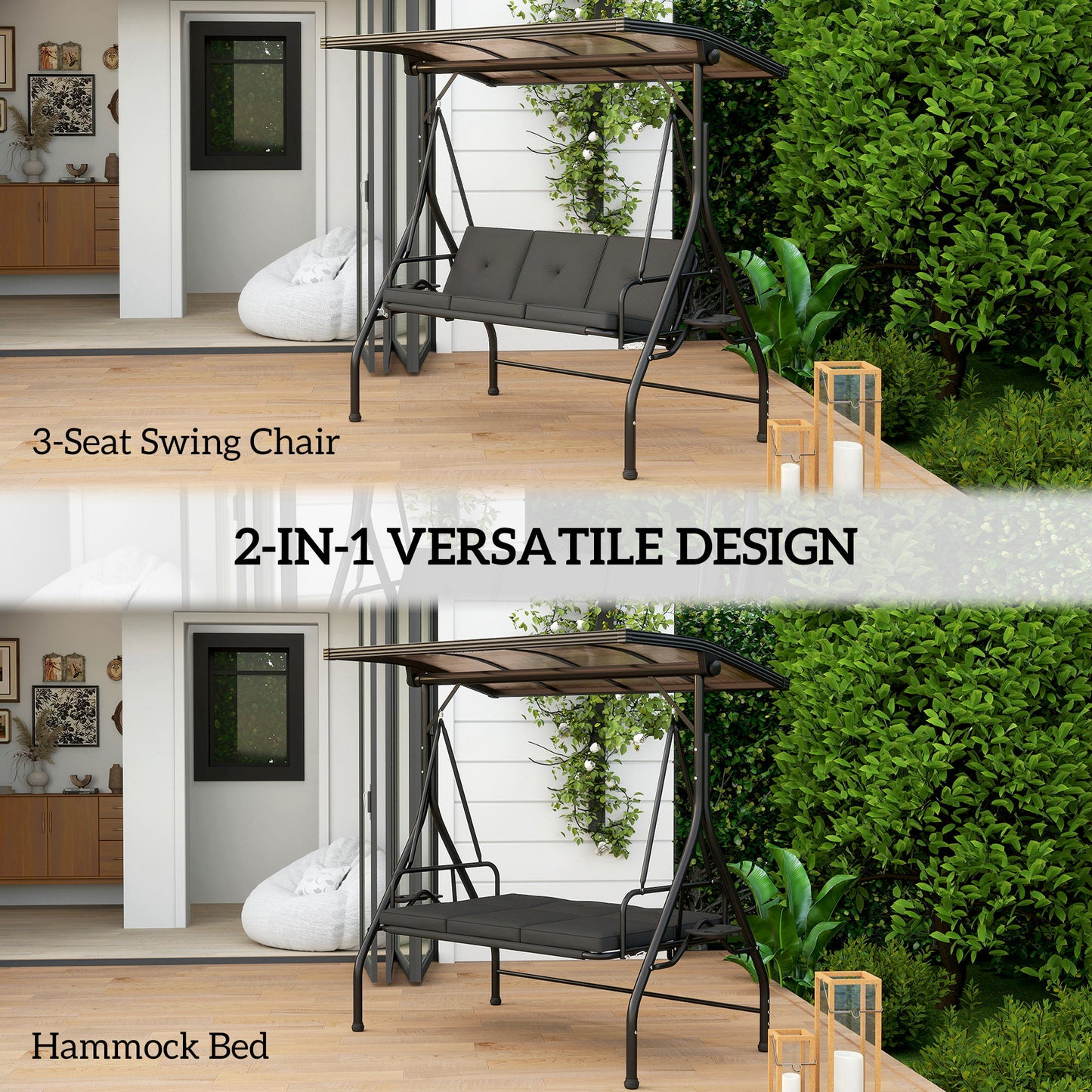 3 Seater Garden Swing Seat Bed, Convertible Swing Chair, Black