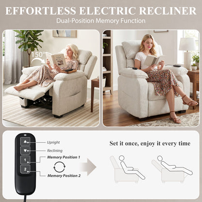Power Recliner Armchair with Massage and Heat, Velvet-Feel Fabric Quiet Electric Reclining Chair with Wide Spring Seat, Memory Function, High Back, Headrest, USB Port, Side Pockets, Cream White