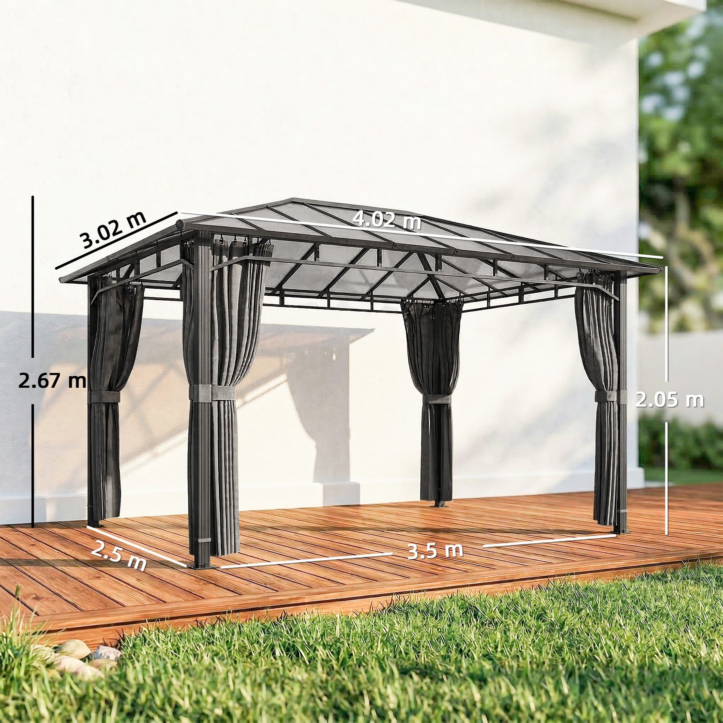 3 x 4 m Hardtop Gazebo with PC Roof, Aluminium Frame, Dark Grey