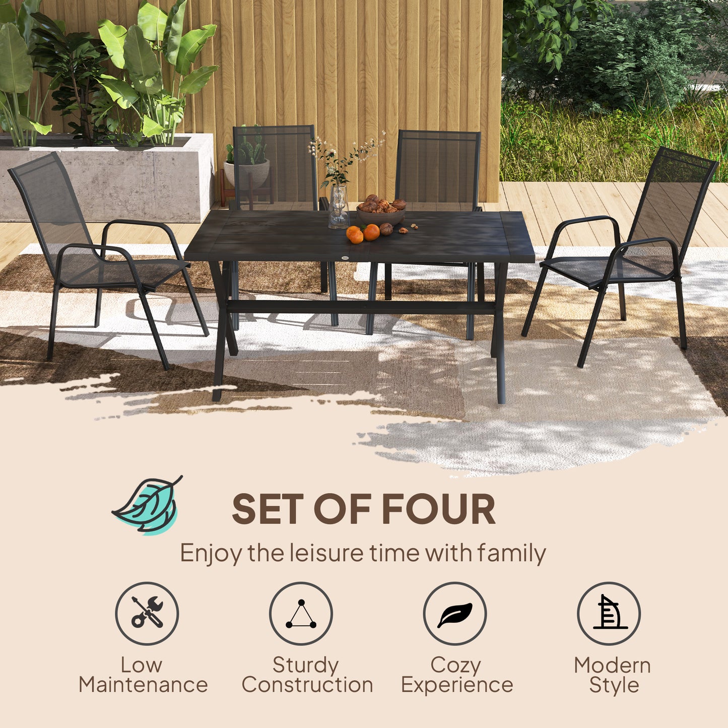 Set of 4 Garden Dining Chair Set Outdoor w/ High Back Armrest Black