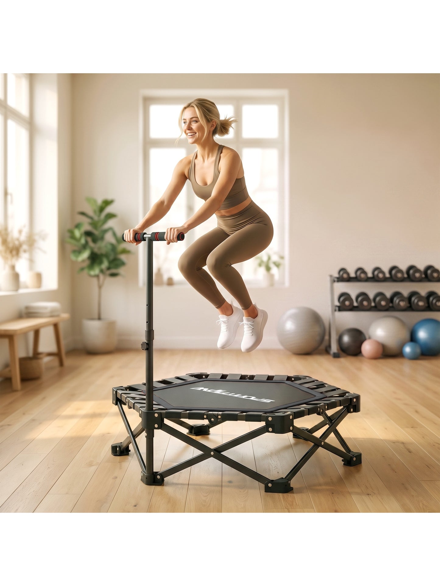 42" Foldable Mini Trampoline, One-Step Fold & Open, Hexagonal Rebounder Trampoline with 3-Level Adjustable Handle for Adults for Indoor Outdoor Workout, Black