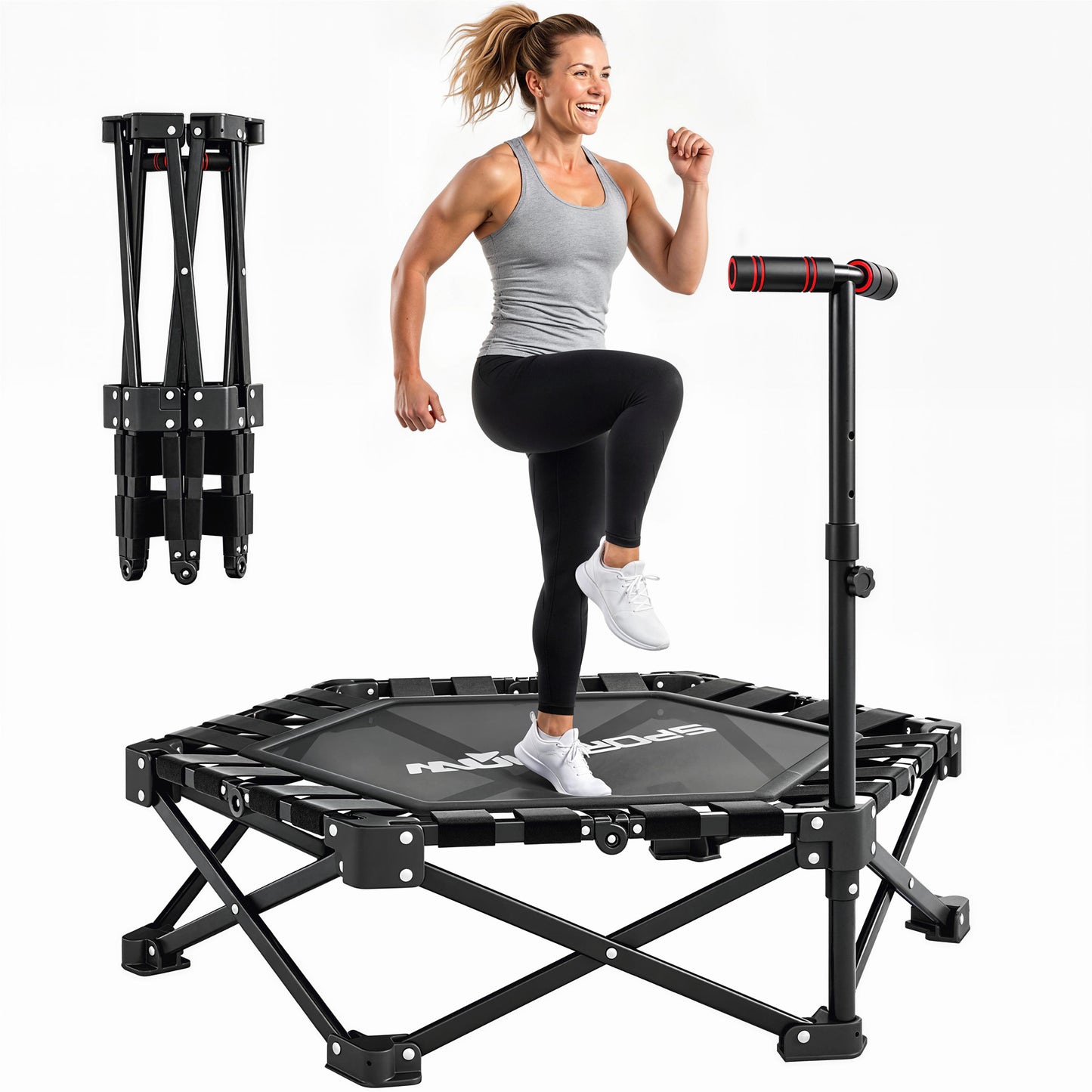 42" Foldable Mini Trampoline, One-Step Fold & Open, Hexagonal Rebounder Trampoline with 3-Level Adjustable Handle for Adults for Indoor Outdoor Workout, Black