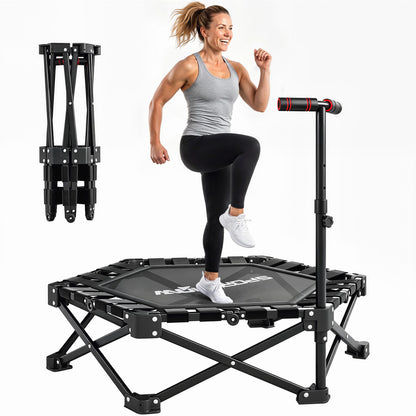 42" Foldable Mini Trampoline, One-Step Fold & Open, Hexagonal Rebounder Trampoline with 3-Level Adjustable Handle for Adults for Indoor Outdoor Workout, Black